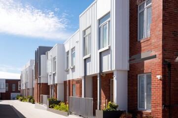 Obraz premium Modern townhouses with a clean design situated in a sunny urban neighborhood surrounded by well-maintained landscaping and bright blue skies during daytime