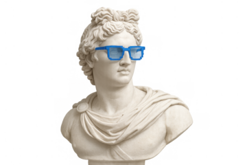 Apollo belvedere bust wearing pixel art glasses showcasing vaporwave aesthetic with modern and classical fusion on transparent background