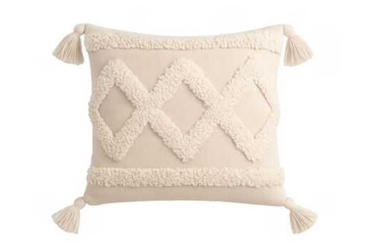 Boho decorative cushion with textured diamond pattern and tassels