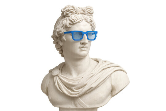 Apollo belvedere bust wearing pixel art glasses showcasing vaporwave aesthetic with modern and classical fusion on transparent background