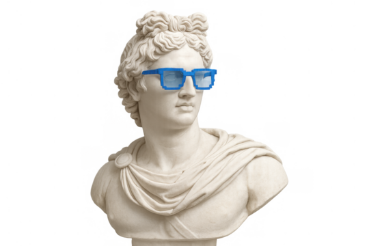 Apollo belvedere bust wearing pixel art glasses showcasing vaporwave aesthetic with modern and classical fusion on transparent background