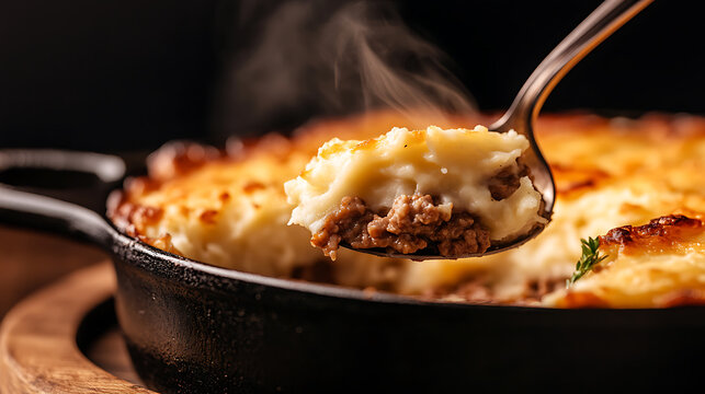 A delicious dish of steaming shepherd's pie. Mashed potato and meat. A close-up shot of food served in a pan on a wooden board, capturing the essence of home-cooked meals. - Powered by Adobe