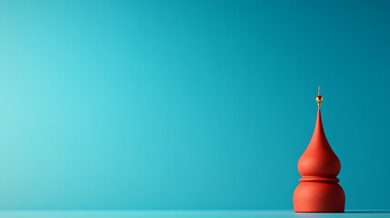 Elegant red onion dome with a golden spire against a cyan backdrop. A symbol of architecture, spirituality, and cultural heritage, standing out in its minimalist setting.