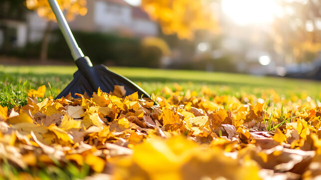 A garden rake is used to gather golden and red leaves on a sunny autumn day, set against a green lawn. The image captures the essence of fall and outdoor seasonal maintenance.