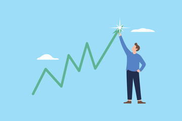 Reaching peak performance person successfully ascending upward financial growth chart graph showing positive business trend