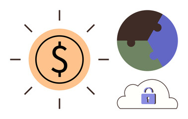 Dollar symbol radiating success, globe puzzle signifying teamwork, and cloud with a lock for data security. Ideal for economy, business, innovation, teamwork, strategy, cybersecurity and digital