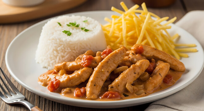 Chicken stroganoff with rice and shoestring potatoes