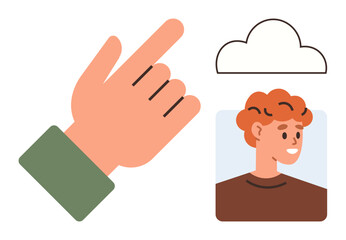 Raised hand gesture indicating a digital cloud above a portrait of a smiling person. Ideal for technology, connection, user profile, cloud storage, networking, simplicity, interaction. Simple flat