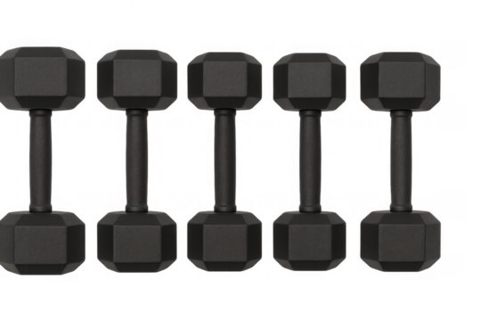 Five black dumbbells arranged in a row, representing fitness, exercise, and strength training. Transparent background