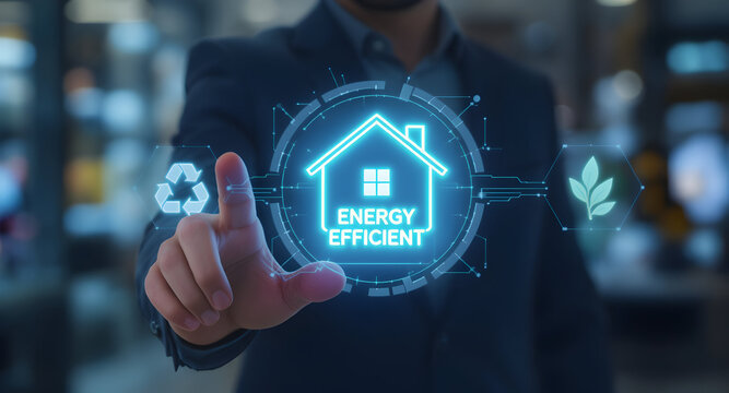 Energy Efficient Home Concept Man Interacting with a Futuristic Interface - Powered by Adobe