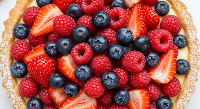 Fruit tart with glazed berries — blueberries, raspberries, strawberries