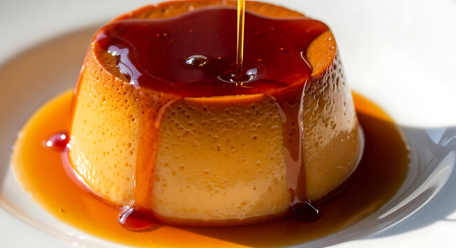 Caramel pudding (flan) on white plate with glossy caramel sauce dripping - Powered by Adobe