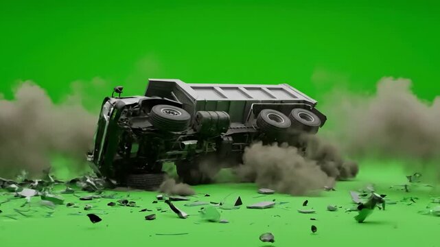 Roll-Over Destruction with truck crash on green screen footage video effect distortion, overlay, glitch, static noise, scan lines black background, 4k animated loop