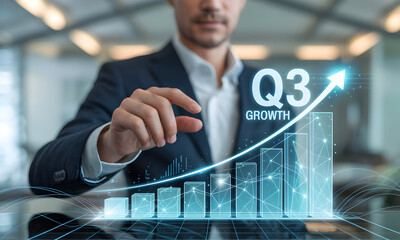 Business Analyst Pointing at Q3 Growth Chart on Futuristic Display
