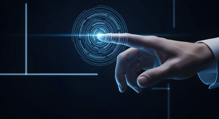 Finger Touching a Futuristic Digital Interface on Black