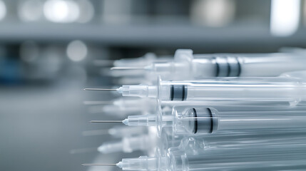 A close-up showcases a neatly arranged group of sterile syringes, their needles gleaming with a metallic sheen. The image conveys themes of medical precision and healthcare solutions.
