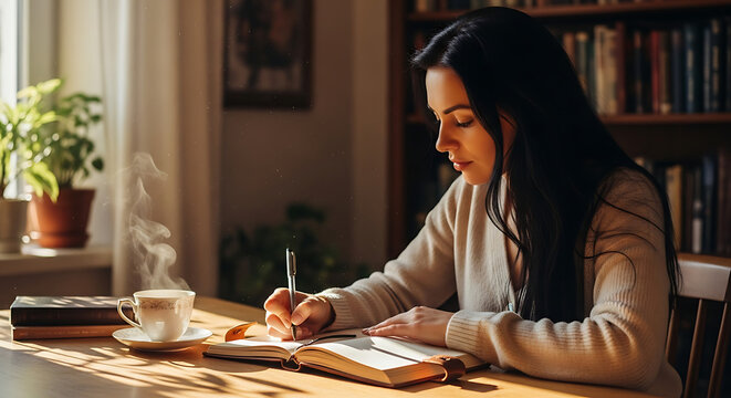 Woman journaling with pen