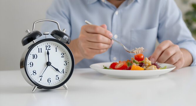 Man Eating Salad with Alarm Clock Healthy Eating Time Concept