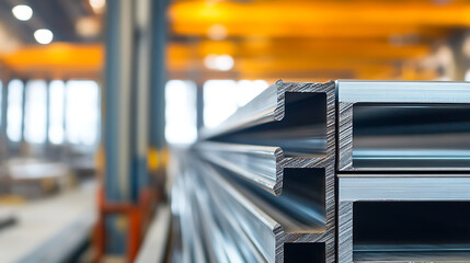 Structural steel I-beams neatly stacked, showcasing precise engineering and robust industrial applications. Metalwork reflects light in warehouse setting, ready for construction.