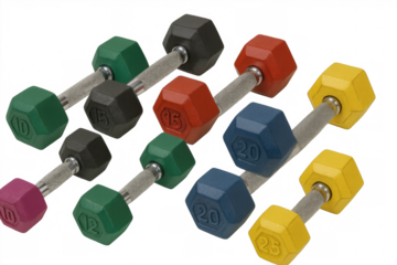 Varying colorful neoprene dumbbells for strength training and fitness workout, transparent background
