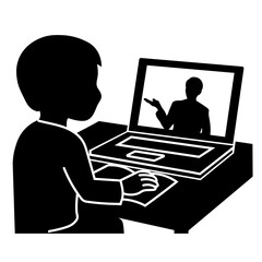パソコンでオンライン学習を受ける人物のシルエットイラスト