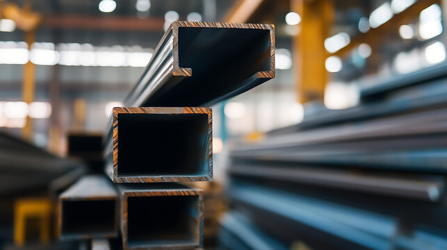 A stack of hollow metal tubes, showcasing industrial manufacturing, construction materials, and precision engineering. The composition highlights shapes and textures.