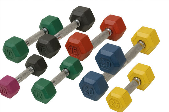 Varying colorful neoprene dumbbells for strength training and fitness workout, transparent background