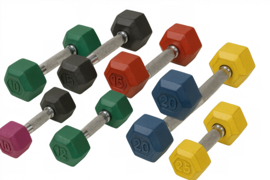 Varying colorful neoprene dumbbells for strength training and fitness workout, transparent background