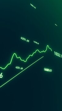 Green illuminated stock market graph moving up with market data. Investment, trading, success, bull market rally. Vertical format, 3D animation