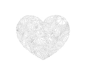 Underwater heart shape with seashell pattern sticker. Marine concept with coral and shell elements in ocean theme. Outline doodle style, perfect for aquatic and sea life designs.