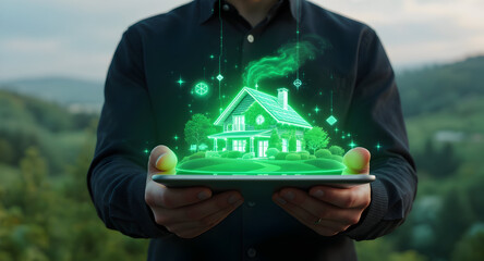 Man Holding Tablet with Digital Smart Home Concept