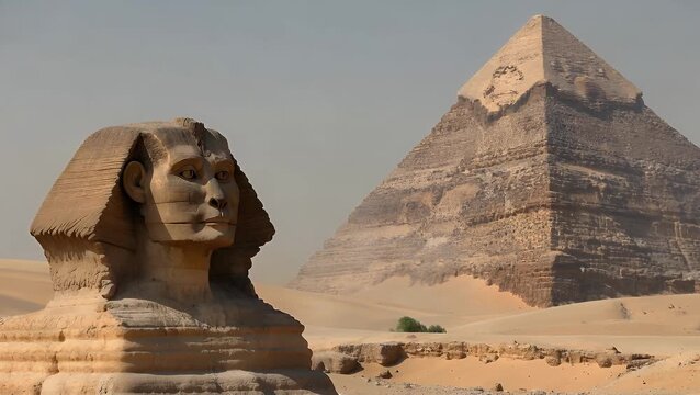 cient  Monumental Sculpture of a Mythical Creature Adjacent to Triangular Royal Tombs Situated in a Sandy Arid