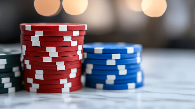 A close-up of stacked poker chips in red, blue, and green hues against a blurred background conveys a sense of anticipation and gambling excitement. Strategy is key for success.