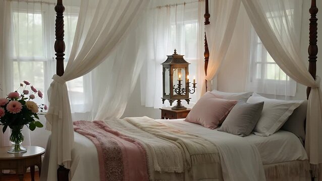 tranquil sleeping chamber featuring a white bed frame with a flowing overhead drapery  cushions in light red and gray tones  an antique bedside table  an elaborate multi-branched candle holder  and