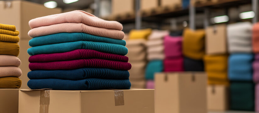A stack of colorful garments rests on a cardboard box in a warehouse, showcasing a variety of textures and hues. Another stack is visible in the background, making a vivid scene.