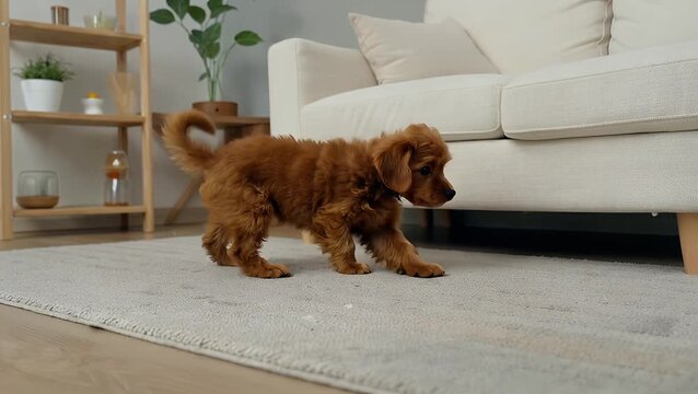 Miniature Golden Doodle Canine Relaxing in a Domestic Indoor