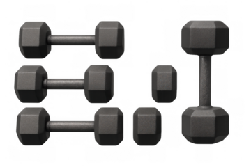 Set of assorted dark gray metal dumbbells for fitness, bodybuilding, and physical exercise, representing power and wellness