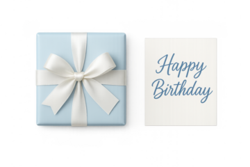 Pale blue gift box with a white satin ribbon bow next to a happy birthday card. Transparent background