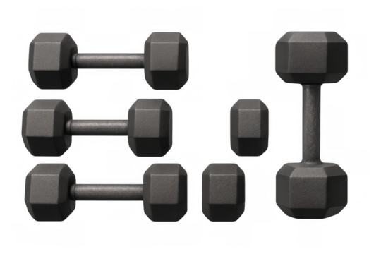 Set of assorted dark gray metal dumbbells for fitness, bodybuilding, and physical exercise, representing power and wellness