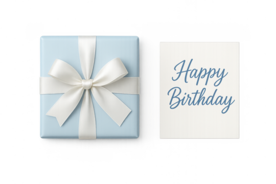 Pale blue gift box with a white satin ribbon bow next to a happy birthday card. Transparent background
