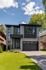 Fototapeta premium A contemporary home boasts expansive windows, allowing natural light to flood the interior, surrounded by a vibrant green lawn in a picturesque suburban neighborhood under the bright sunshine