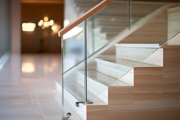 Elegant stairway showcases pristine glass railings, complemented by warm wood accents. Creamy marble steps add a touch of opulence, bathing in the soft, diffused light.