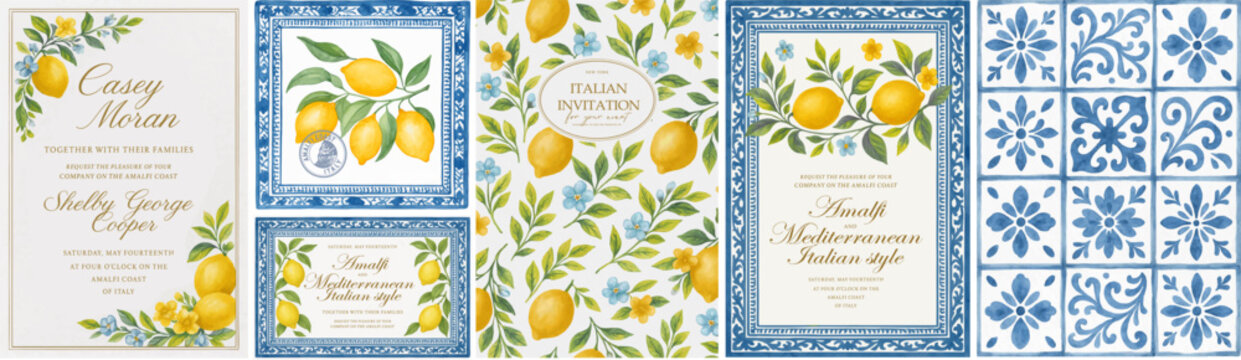 Italian lemon wedding invitation vector set with blue ceramic tile pattern and watercolor lemons. Elegant Amalfi Coast inspired design for Mediterranean wedding, event, or summer party.

