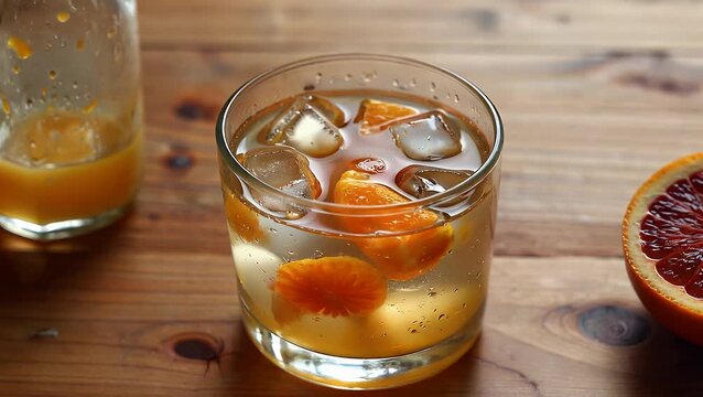 Appropriate Beverage with Low Alcohol Content Comprising Distilled Spirits  Citrus Extract  Blood-Colored Citrus Fruit and Frozen Water Crystals Arranged on a Timber