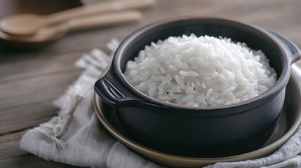 A close-up shot presents a bowl brimming with perfectly cooked, fluffy white rice, set against a rustic wooden backdrop. The simple presentation emphasizes the rice.