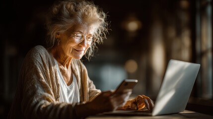 An elderly woman using laptop and smartphone