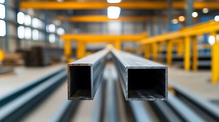 Two metal square tubes in a factory setting, steel fabrication. Industrial production. Modern, clean metalworking facility, blurred background with yellow equipment.