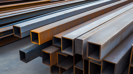 A close-up captures a neat pile of square metal tubes, exhibiting textures from smooth steel to patches of rust, highlighting industrial strength and structural elements.