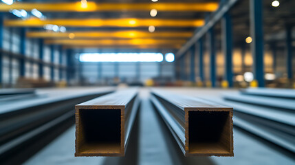 Metal beams stretch across a factory floor, bathed in the warm glow of overhead lights. Lines converge, creating a symmetrical view of industrial strength and precision.