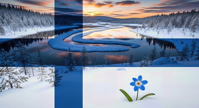 Finland Independence Day greeting banner, serene winter landscape with blue flower, winter forest, frozen river reflection, sunset sky, public holiday celebration promotion card.